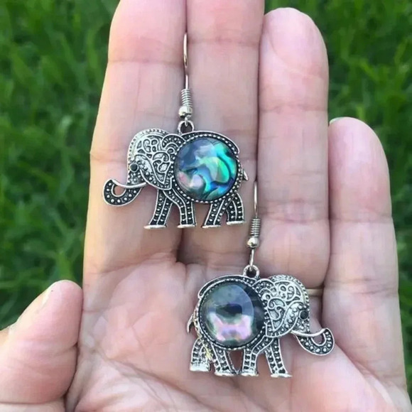 Elephant Earrings Real Abalone Tibetan Silver Drop Earrings NWT - Picture 1 of 2
